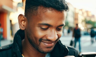 Sticker - Argentinian Man Smiling with Mobile Phone in Cape Town