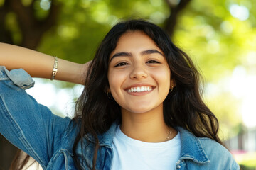 Wall Mural - Hispanic woman in casual shirt smile arm on head at sunny park