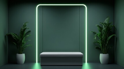 Modern minimalist interior featuring green walls, neon lights, and stylish plants for a fresh and inviting atmosphere.