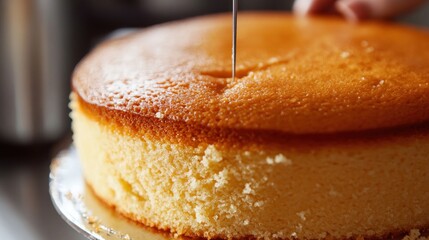 Golden Cake Layer Being Tested with a Skewer