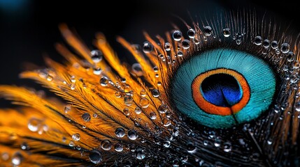 Poster -   Close-up of a peacock's eye with water droplets on blue, orange, and yellow feathers