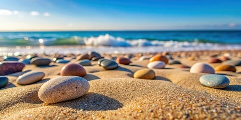 Close up of round pebbles on sandy beach with ocean in background, pebbles, stones, sandy beach, ocean, seascape, relax