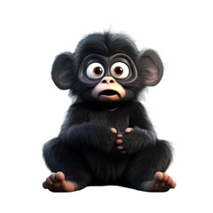 A cute, cartoon-style baby chimpanzee with large eyes sits on a black background.