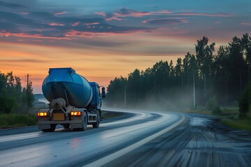 Wall Mural - Truck with tank on the road at sunset