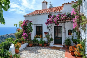 Traditional white mediterranean house with red tile roof overlooking the sea