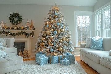 Wall Mural - Beautiful christmas tree decorated with blue and golden baubles standing near blue gift boxes