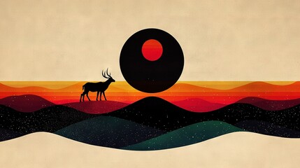   Deer in desert with sunset and mountains