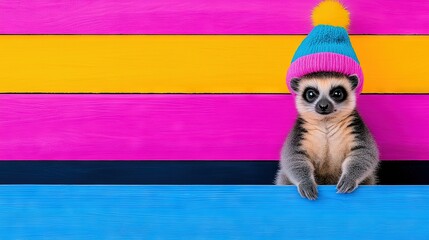 Canvas Print -   A small, gray-black animal wearing a pink and blue hat sits on a wooden plank