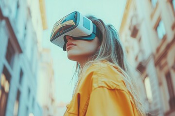 Young woman wearing vr set and walking on urban street