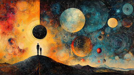 Wall Mural -   A man stands on a hill, gazing up at the star-filled sky above, with planets visible in the distance