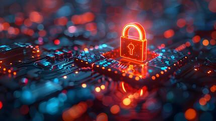 Wall Mural - Cyber Security Abstract Background -  Glowing Red Padlock on Circuit Board