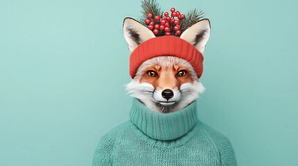 Poster -   Red fox in green sweater and red knitted hat with berries on head