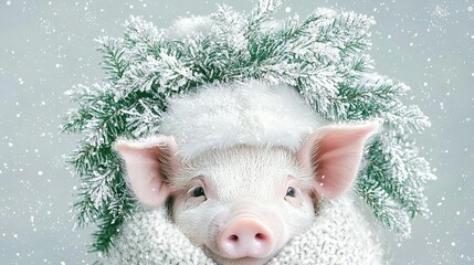 Wall Mural -   A pig wearing a wreath on its head and a sweater on top of the wreath