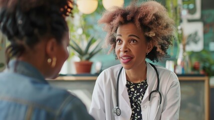 Doctor consulting with a patient in a clinic, discussing medical health and treatment options in a friendly environment.