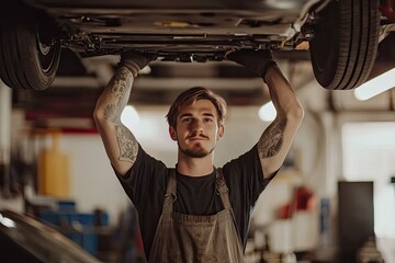 Wall Mural - Portrait of a handsome young mechanic working on a car in a garage