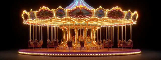 Wall Mural - Merry-go-round, spinning with vibrant lights, reflections on mirrors, under night-time amusement park lighting