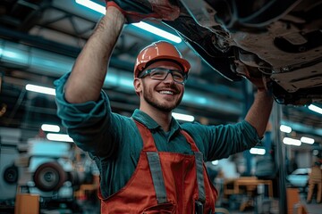 Canvas Print - Portrait of a handsome young mechanic working on a car in a garage