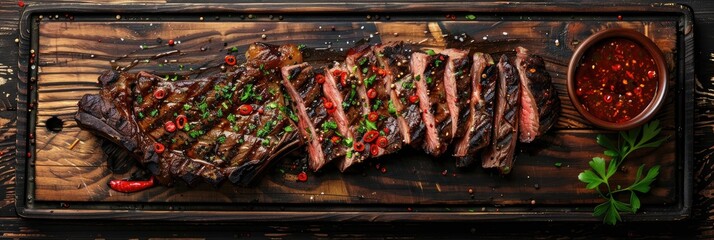 Poster - Sliced BBQ dry aged Wagyu porterhouse steak with chili and hot spice sauce on a rustic burnt wooden cutting board