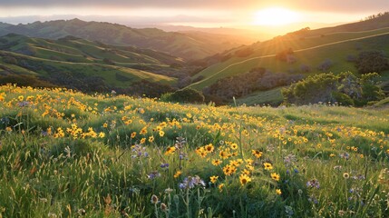 07231249 304. Rolling hills covered in wildflowers, with a picturesque sunset casting warm hues over the landscape, highlighting the beauty of natural environments