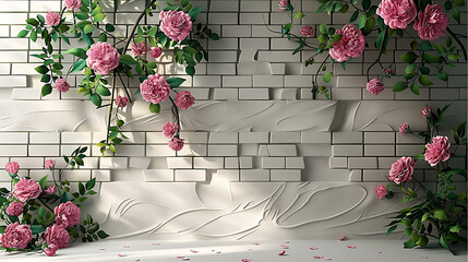 3d wallpaper with wall bricks and green branches with pink flowers