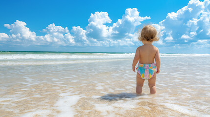 Wall Mural - Toddler standing on sandy beach looking at ocean waves under a bright blue sky