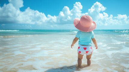 Wall Mural - Toddler in pink sun hat enjoying the beach waves under a bright sky. Vacation banner with copy space