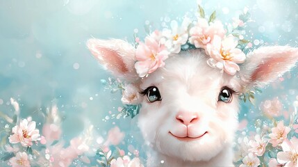   A close-up of a sheep with flowers in its head against a blue backdrop with pink flowers