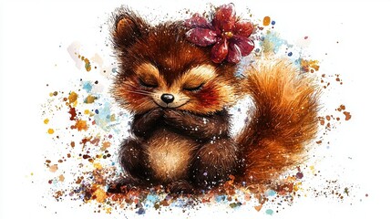 Sticker -   Painting of a small furry animal with flowers in its hair and hair on the ground