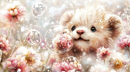 Poster -  a close-up of a furry creature surrounded by vibrant flowers and emitting playful bubble bursts from its mouth