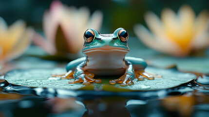 Green Frog on a Lily Pad in a Pond - Realistic Illustration