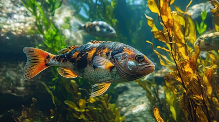 Canvas Print - A Colorful Fish Swimming Through Underwater Kelp