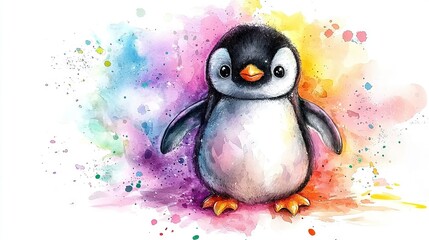 Wall Mural -   Watercolor of a penguin w/ splash & white bg