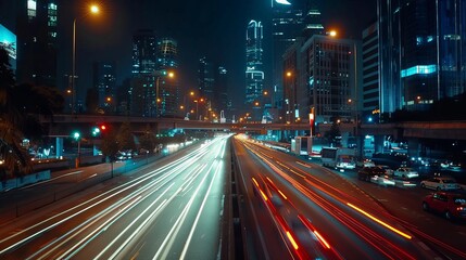 Wall Mural - car lights on the road in a modern city at night