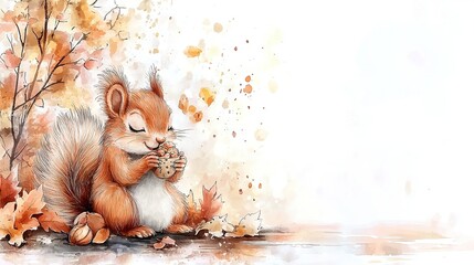 Wall Mural -   Watercolor squirrel on leaf tree