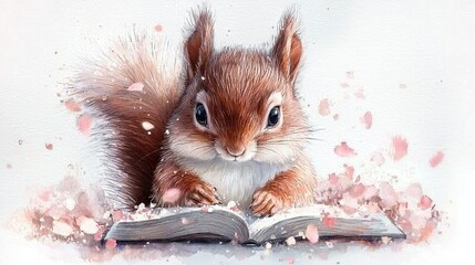 Poster -   Painting of a squirrel perched on an open book, holding a bookmark between its paws