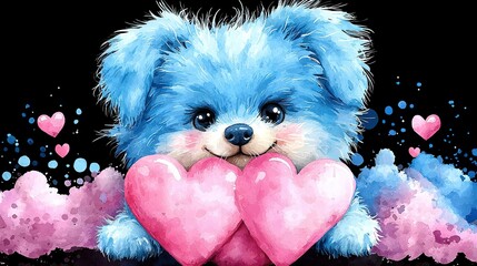 Poster -   Blue  bear holding heart on black background with sprinkles