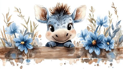 Wall Mural -   Watercolor Baby Giraffe Peeking Over Wooden Fence Blue Flowers