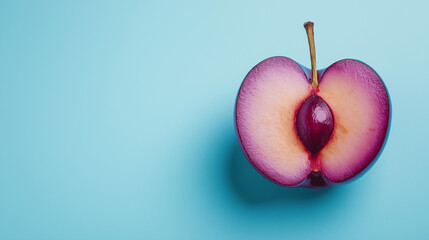 Halved plum with pit on a light blue background. Minimal banner with empty copy space