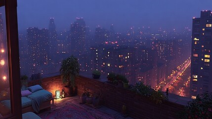 Wall Mural - a cityscape at night from a rooftop, featuring a cozy bed in the center of the room
