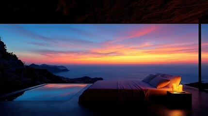 Wall Mural - a pool sits beneath a sky filled with pink and blue clouds while a bed rests atop the wooden floor a