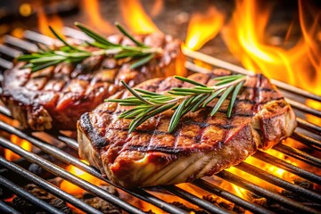 Four pieces of meat are being grilled with rosemary on top