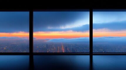 Wall Mural - city view from high-rise at sunset through panoramic window