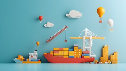 Poster - Minimalist Paper Art Depicting Port with Cranes and Containers for Import and Export Logistics