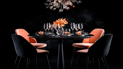   A black table with orange chairs and two chandeliers hanging from the ceiling