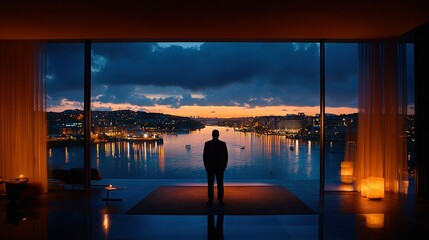 Wall Mural -   A man standing before a window, gazing upon the cityscape and tranquil water below