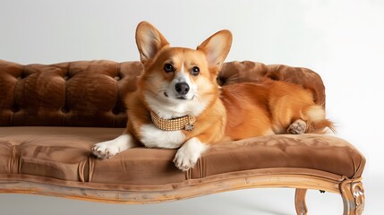 Corgi Lounging on Velvet Chaise Longue with Pearl Necklace