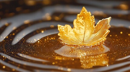 Wall Mural -   A black-and-white circular tablecloth features a puddle with a golden leaf floating atop it