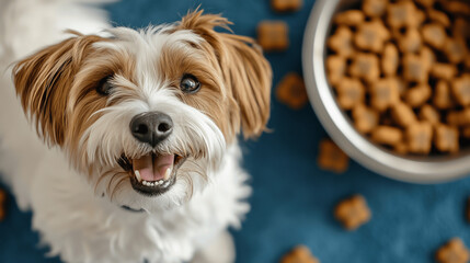 Wall Mural - Fluffy dog smiling next to bowl of kibble on blue carpet