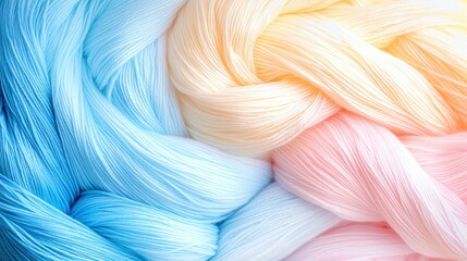 Poster -   A close-up of multi-colored yarn, showcasing blue, yellow, pink, and white threads intertwined