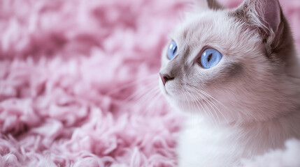 Wall Mural - Blue-eyed cat gazing off on pink fluffy blanket in closeup